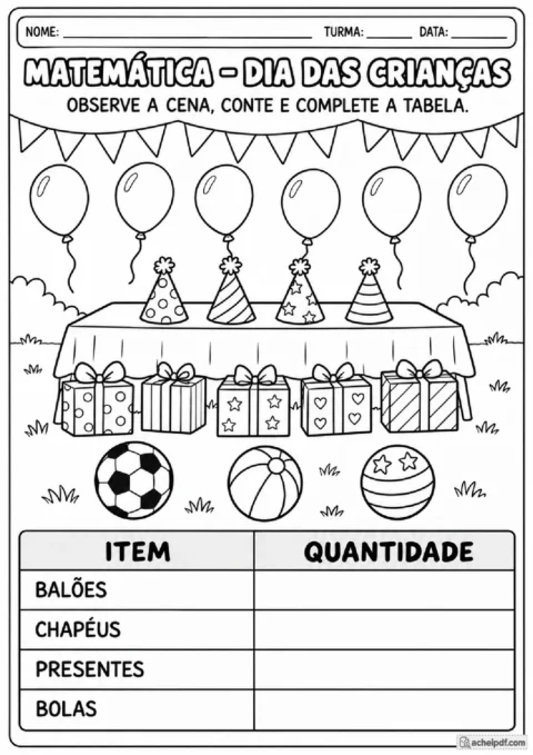 Cena de festa infantil com balões, chapéus, presentes e bolas para contar e preencher uma tabela.