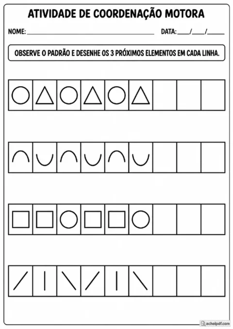 Atividade de coordenação motora para o 1º ano com padrões visuais para completar por desenho