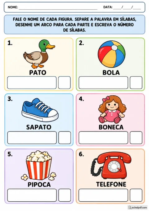 Atividade de coordenação motora para o 1º ano com segmentação silábica usando arcos e registro de quantidade