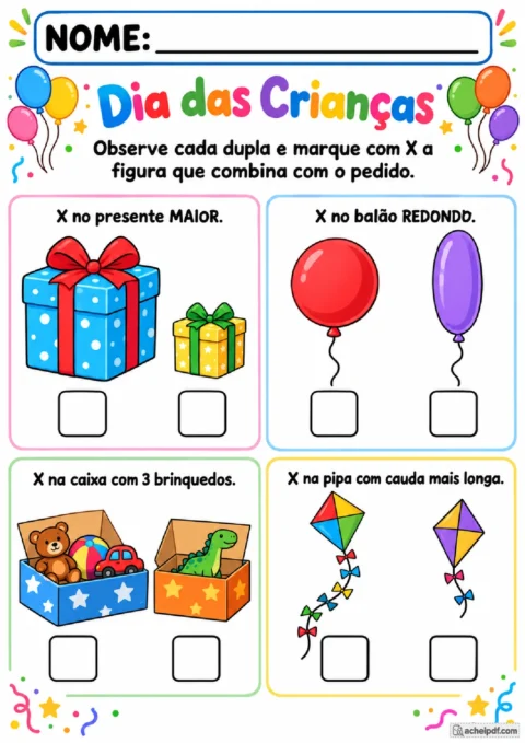 Atividade de Dia das Crianças para Pré I com comparação visual de presentes, balões, brinquedos e pipas