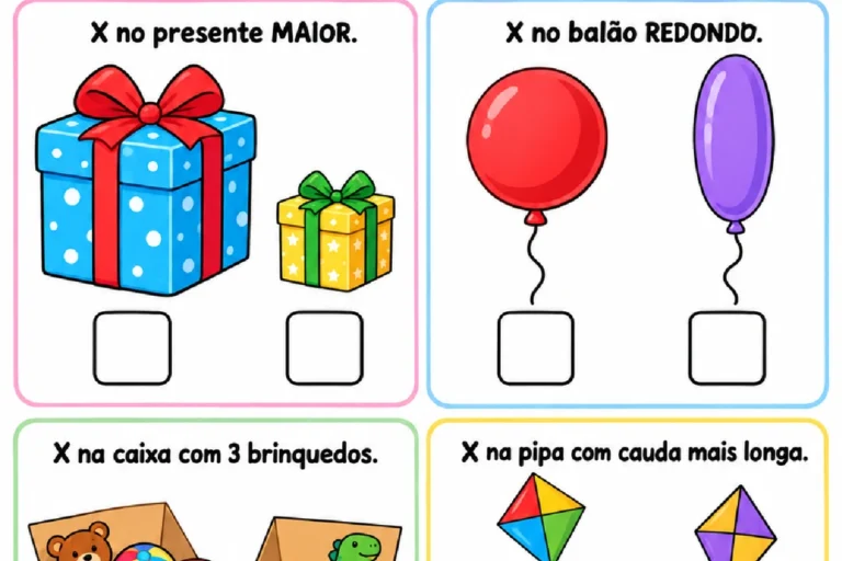 Atividade de Dia das Crianças para Pré I com comparação visual de presentes, balões, brinquedos e pipas