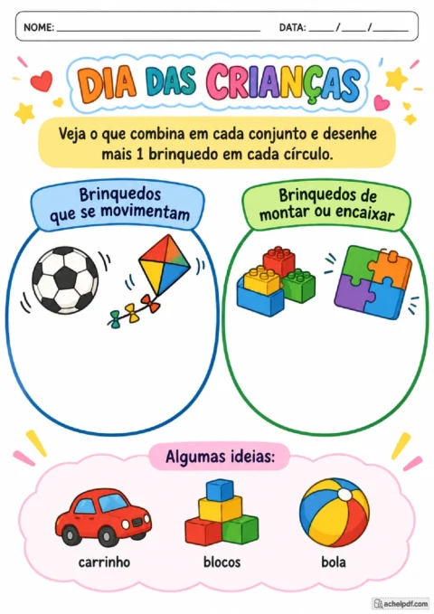Atividade de Dia das Crianças para Pré I com formação de conjuntos de brinquedos e espaço para desenho