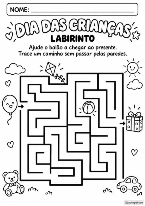 Labirinto de Dia das Crianças para Pré I com caminho do balão até o presente