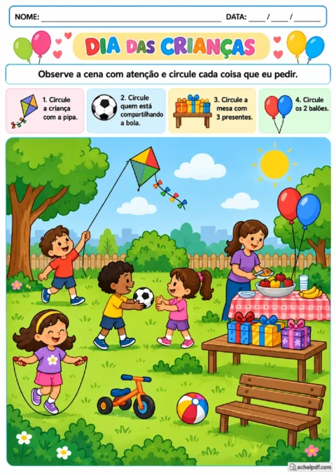 Atividade de Dia das Crianças para Pré I com cena de parque para observar e circular elementos