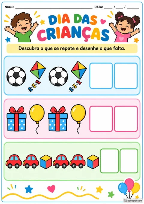 Atividade de Dia das Crianças para Pré I com padrões visuais de brinquedos para completar por desenho