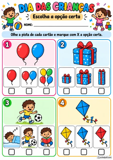 Atividade de Dia das Crianças para Pré I com pistas visuais e alternativas para marcar a opção correta
