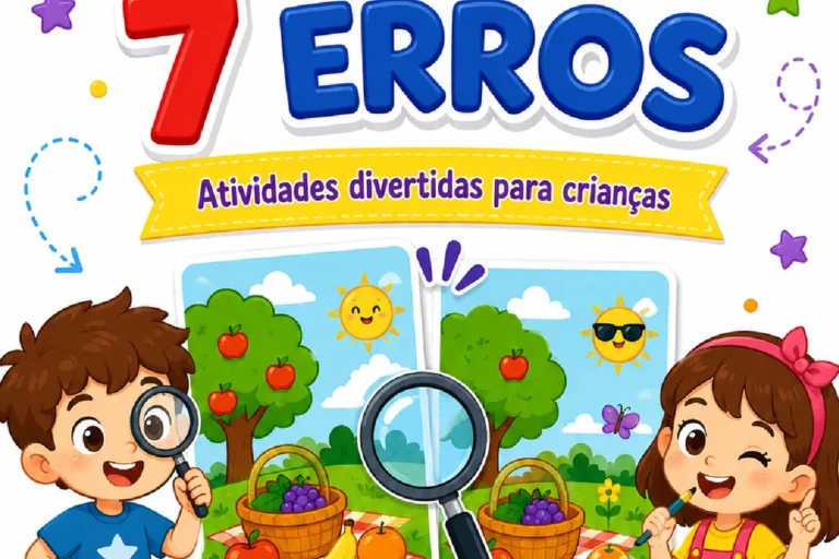 Capa colorida do Jogo dos 7 Erros com crianças, frutas e uma lupa em um pomar