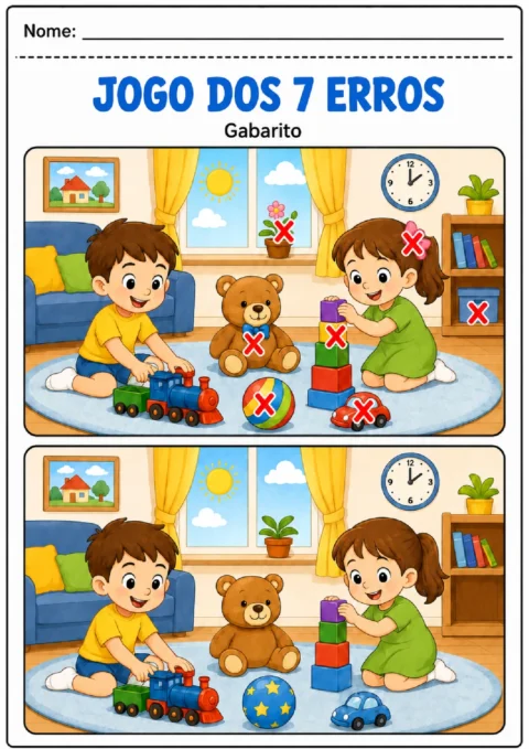 Gabarito do Jogo dos 7 Erros com duas cenas de crianças brincando na sala e diferenças marcadas por X vermelhos