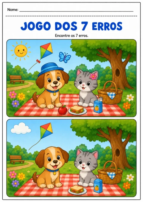 Jogo dos 7 Erros com cachorro e gato em um piquenique no parque, em duas cenas coloridas para comparar