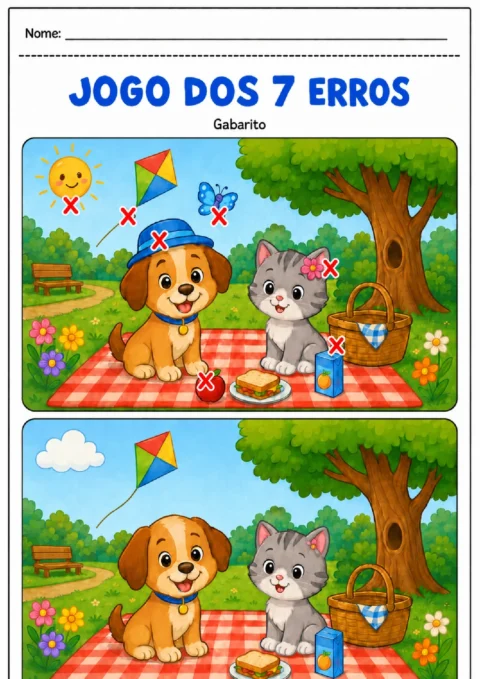 Gabarito do Jogo dos 7 Erros de piquenique com cachorro e gato, com diferenças sinalizadas por X vermelhos