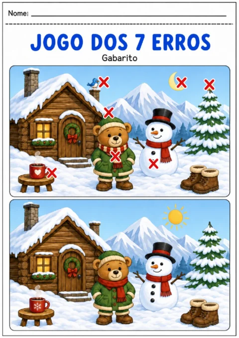 Jogo dos 7 Erros com duas cenas de inverno, cabana, urso, boneco de neve e pinheiro