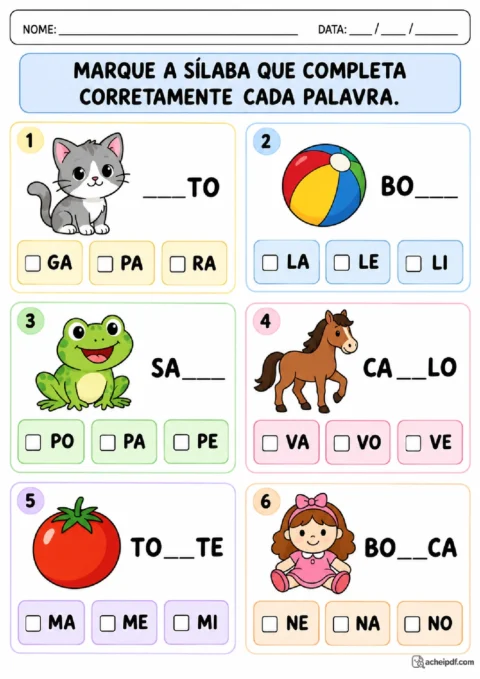 Atividade do 1º ano com alternativas de sílabas para escolher e completar palavras corretamente