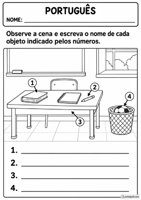 Atividade de escrita de palavras para o 1º ano a partir de objetos numerados em uma cena escolar