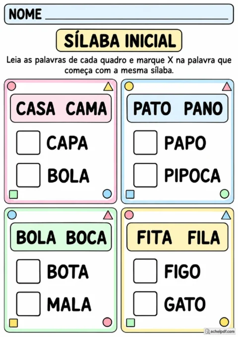 Atividade de Português para o 1º ano com palavras da mesma família de sílaba inicial para marcar com X