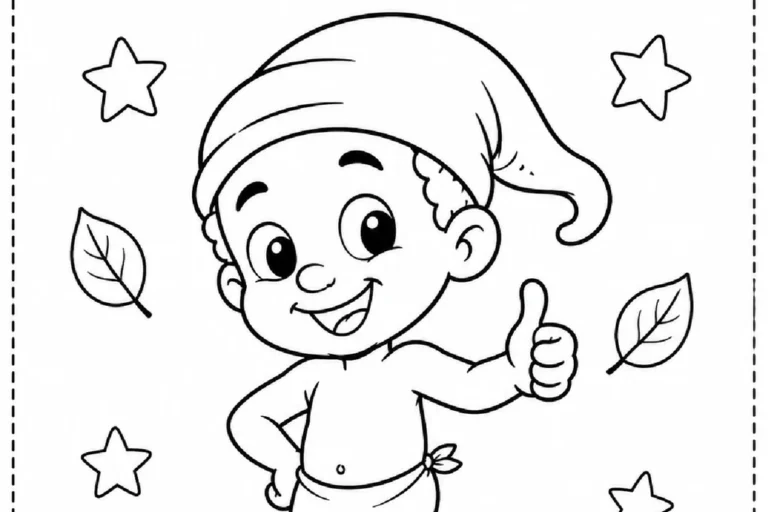 Atividade de colorir o Saci-Pererê com gorro, uma perna só e estrelas ao redor.