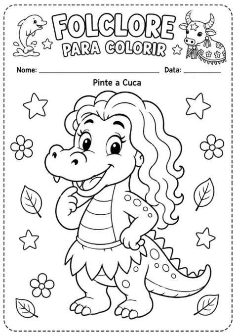 Atividade para colorir a Cuca, personagem do folclore brasileiro, com estrelas, flores e folhas ao redor.