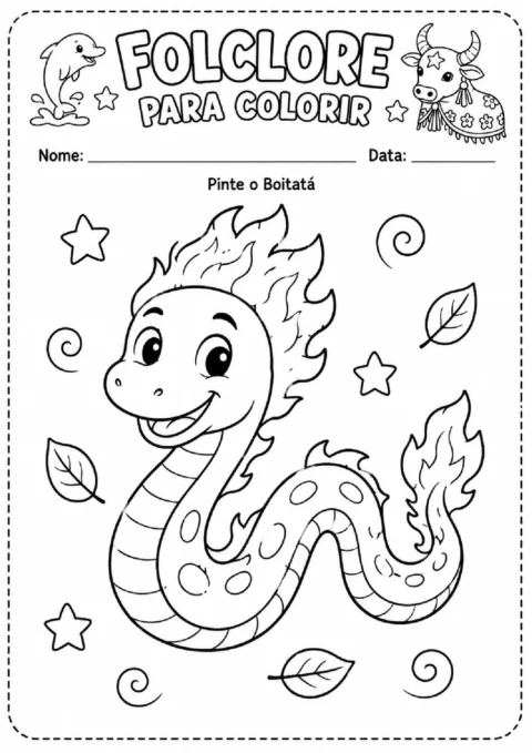 Atividade para colorir o Boitatá, serpente folclórica com chamas no corpo, estrelas, espirais e folhas.