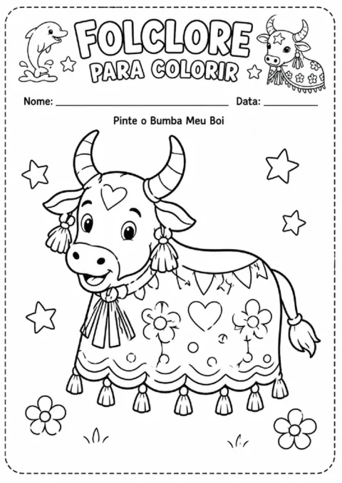 Atividade para colorir o Bumba Meu Boi, boi enfeitado com corações, flores, franjas e bandeirolas.