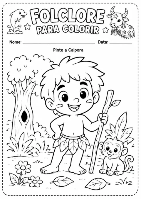 Atividade para colorir o Caipora, menino com bastão ao lado de um macaco, árvores, flores e folhas.