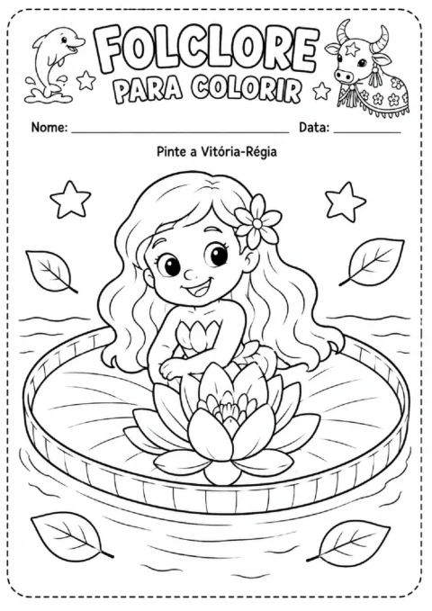 Atividade para colorir a Vitória-Régia, com uma menina sentada sobre uma flor em um lago.