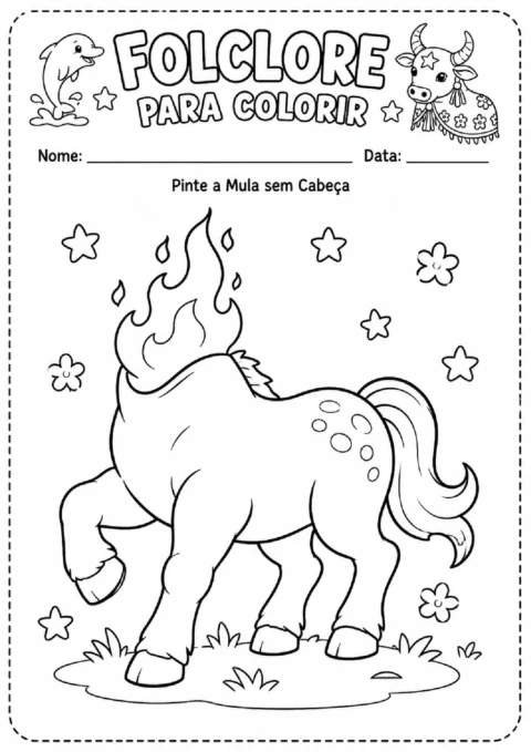 Atividade para colorir a Mula sem Cabeça, com chamas no pescoço e estrelas ao redor.