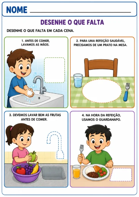 Atividade de desenho para completar objetos que faltam em cenas de higiene e refeição