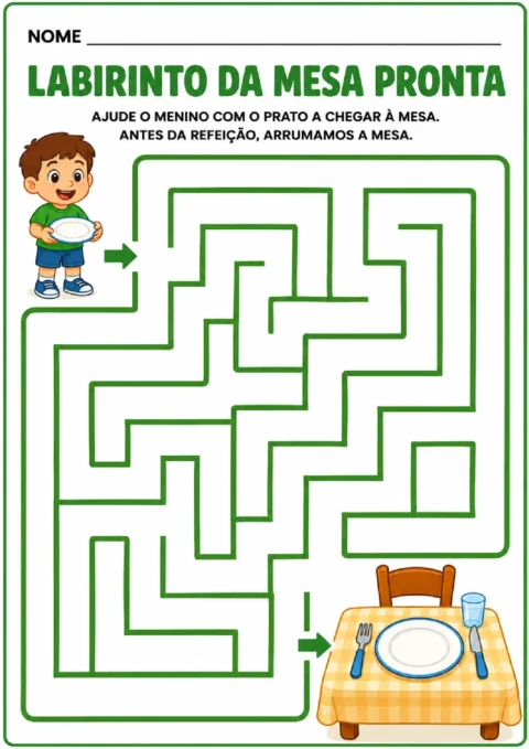 Labirinto para levar o menino com um prato até a mesa pronta para a refeição