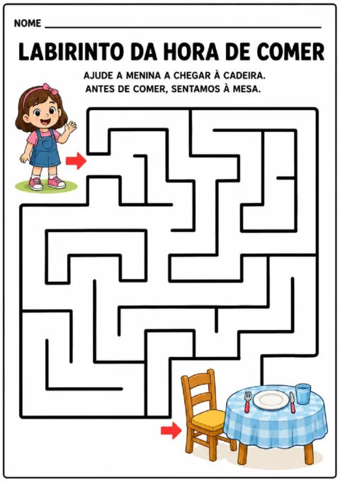 Atividade de labirinto para levar a menina até a cadeira antes da refeição