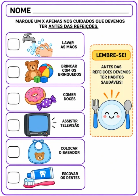 Atividade para marcar com X o cuidado de lavar as mãos antes das refeições