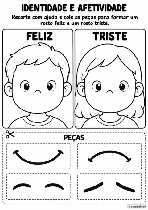 Rostos feliz e triste com peças para recortar e colar em atividade para o Maternal II