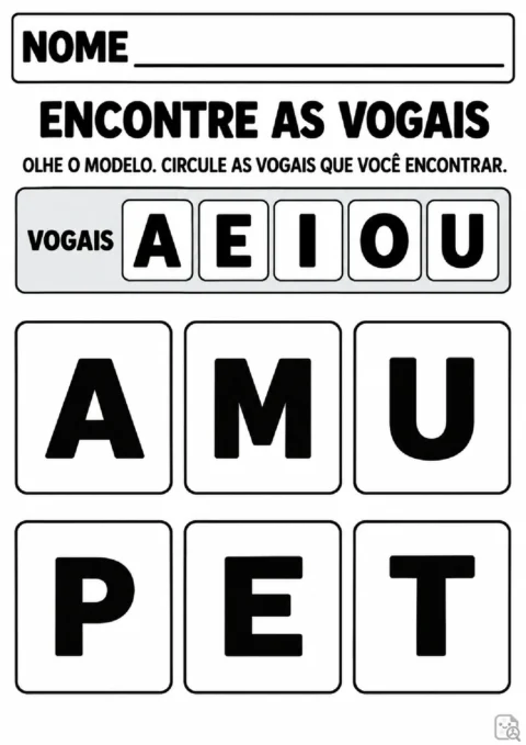 Atividade para Pré I de identificação de vogais entre seis letras usando a sequência A E I O U como modelo