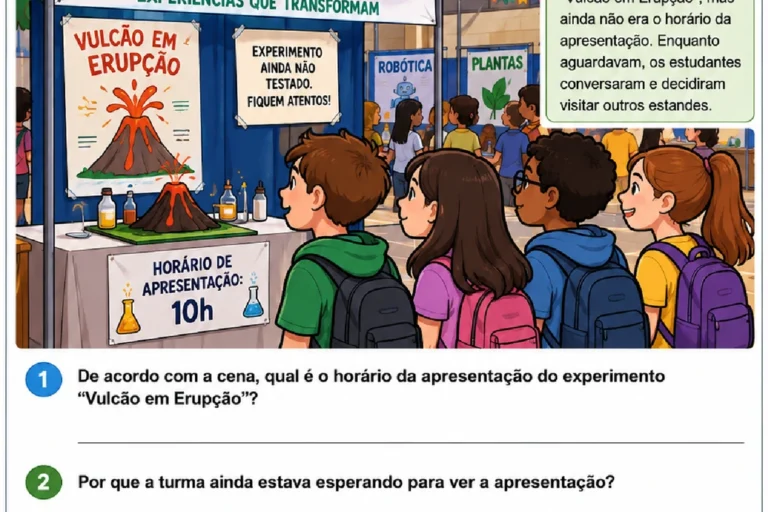 Interpretação de cena para o 5º ano com contexto de feira de ciências e perguntas de compreensão