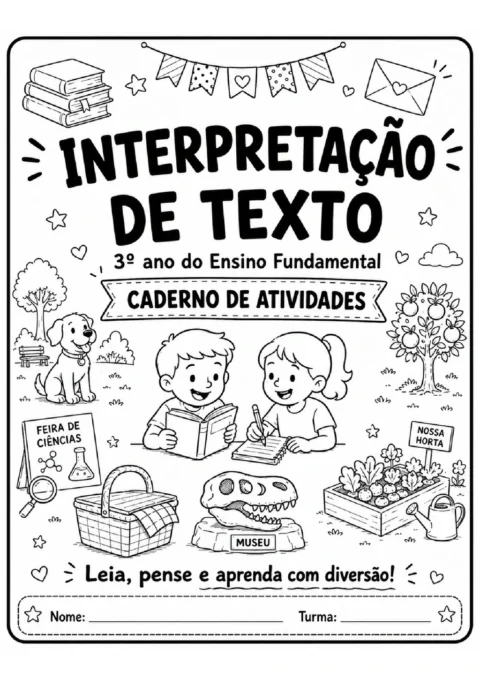 Capa de caderno de atividades de interpretação de texto para o 3º ano, com crianças lendo e desenhos escolares.