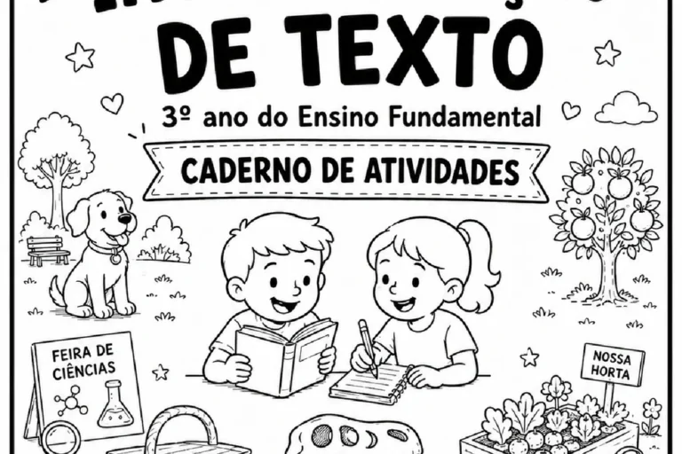 Capa de caderno de atividades de interpretação de texto para o 3º ano, com crianças lendo e desenhos escolares.