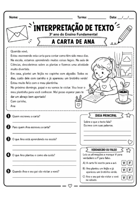 Atividade de interpretação da carta de Ana, com perguntas, ideia principal e quadro de verdadeiro ou falso.