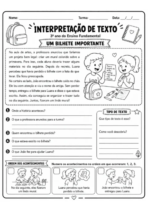 Atividade sobre um bilhete importante, com perguntas de compreensão, identificação do tipo textual e ordenação dos fatos.