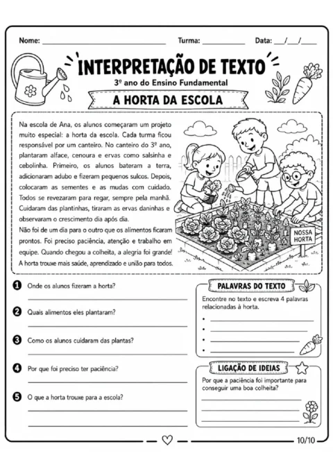 Atividade de interpretação sobre a horta da escola, com perguntas, palavras do texto e relação de ideias.