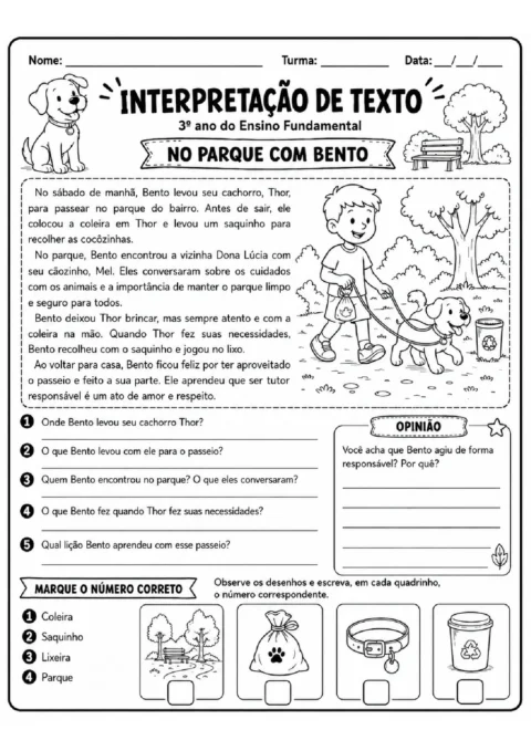 Atividade de interpretação sobre um passeio no parque com Bento, com perguntas e associação de desenhos.