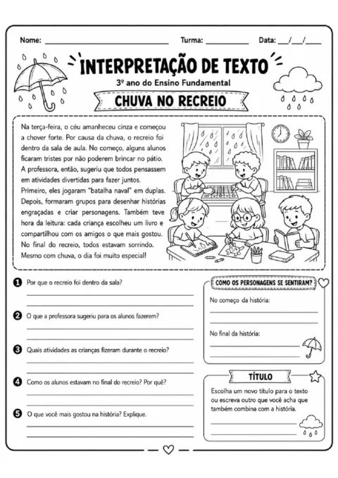 Atividade de interpretação sobre chuva no recreio, com perguntas, sentimentos e criação de título.