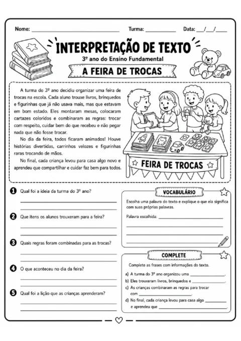 Atividade de interpretação sobre uma feira de trocas, com vocabulário e preenchimento de frases sobre a história.