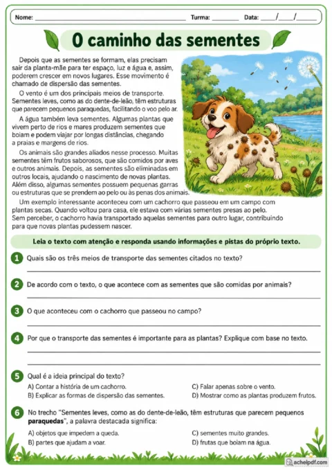 Leitura e interpretação de texto sobre dispersão de sementes com questões variadas para o 5º ano