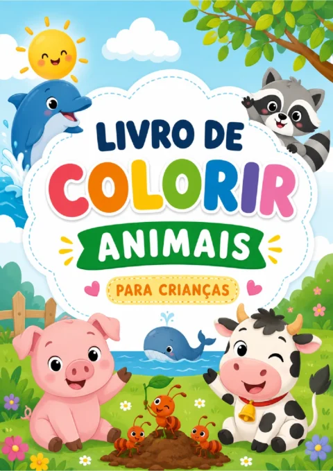 Capa colorida de livro de colorir de animais com porco, vaca, guaxinim, golfinho e baleia