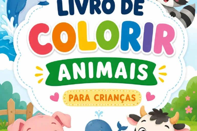 Capa colorida de livro de colorir de animais com porco, vaca, guaxinim, golfinho e baleia