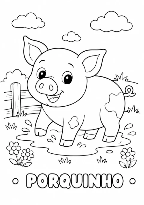 Atividade para colorir um porquinho na fazenda, com nuvens, flores, cerca e a palavra PORQUINHO