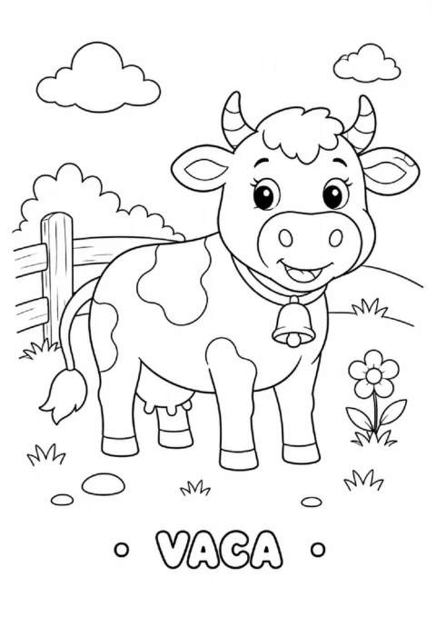 Atividade para colorir uma vaca com sino em cenário rural, com flores, cerca e a palavra VACA