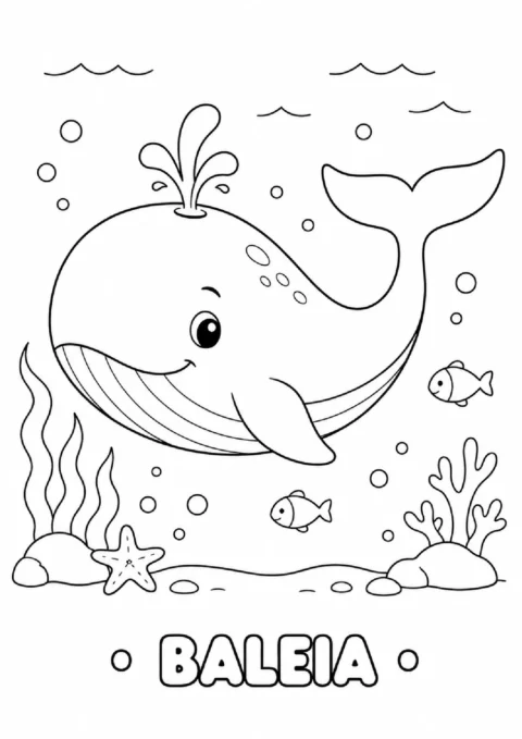 Baleia sorridente com peixes, algas, corais e bolhas em desenho para colorir