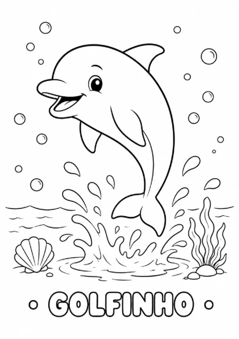 Golfinho saltando na água com concha, algas, bolhas e peixes em desenho para colorir