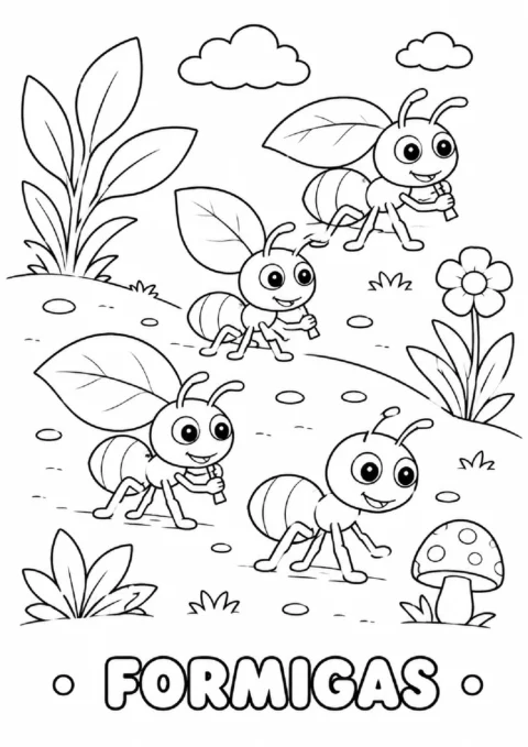 Quatro formigas em um jardim com folhas, flores, nuvens e cogumelo em desenho para colorir