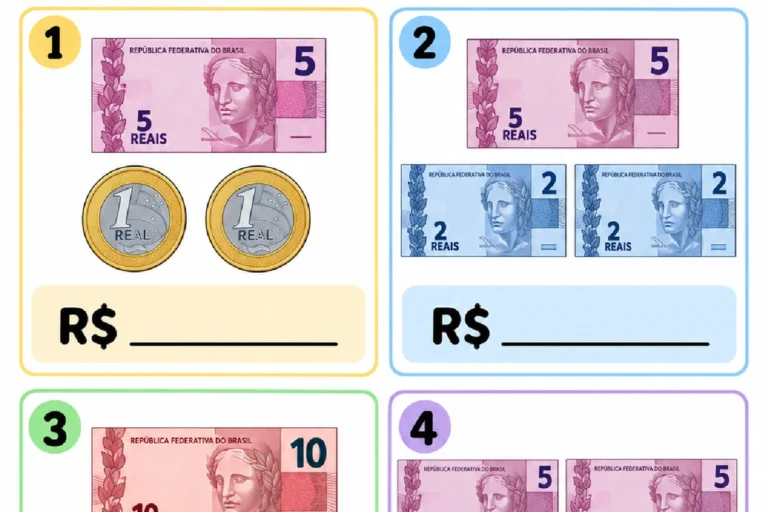 Atividade do 2º ano para contar moedas e cédulas e registrar o valor total de cada conjunto em reais