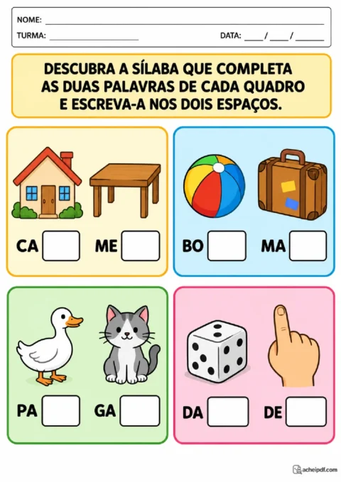 Atividade do 1º ano para completar pares de palavras que compartilham a mesma sílaba final
